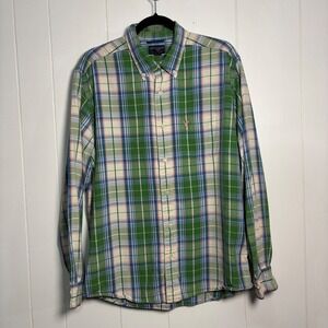 American Eagle Outfitters Mens Green Blue Plaid Button Down Cotton Shirt Oxford